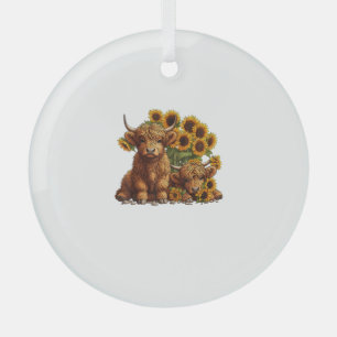 Cute Scottish Highland Cow Sunflower Mothers Day F Glass Ornament