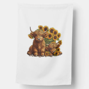 Cute Scottish Highland Cow Sunflower Mothers Day F House Flag