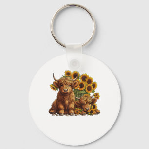 Cute Scottish Highland Cow Sunflower Mothers Day F Keychain