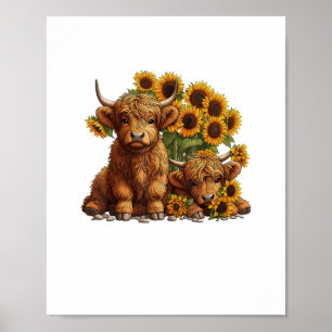 Cute Scottish Highland Cow Sunflower Mothers Day F Poster