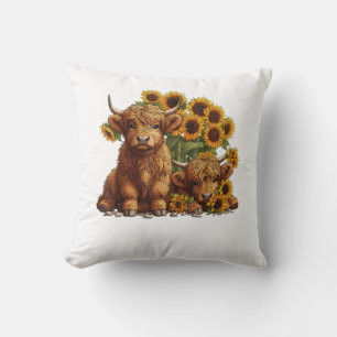 Cute Scottish Highland Cow Sunflower Mothers Day F Throw Pillow