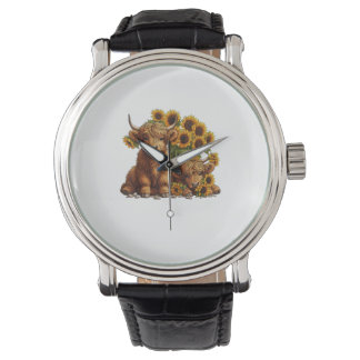 Cute Scottish Highland Cow Sunflower Mothers Day F Watch