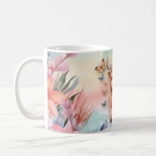 Cute Scottish Highland Cow & Wild Flowers Watercol Coffee Mug (Left)