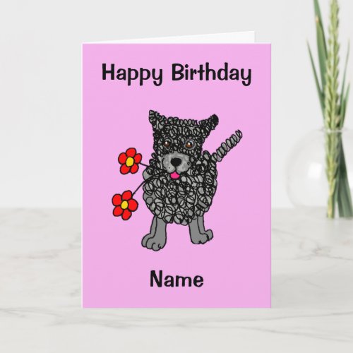 Cute Scribbled Dog Pink Cartoon Birthday Card