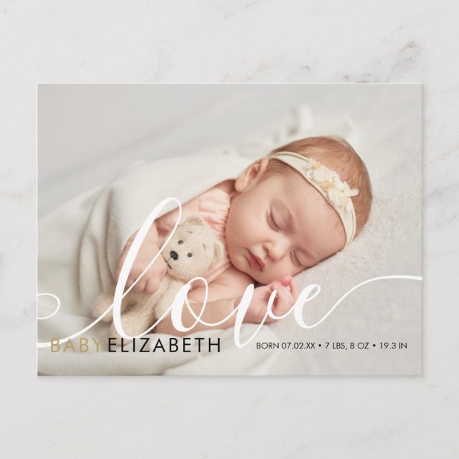 Cute Script Baby Photo Birth Announcement Postcard (Front)