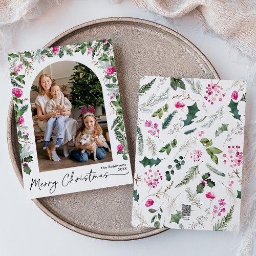 Cute Script Bright Pink Greenery Arch 1 Photo Holiday Card