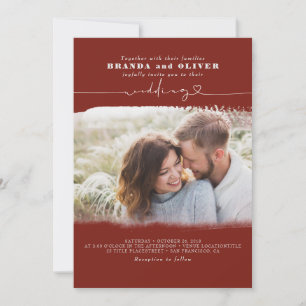 Cute Script Burgundy Red Photo Overlay Wedding Invitation