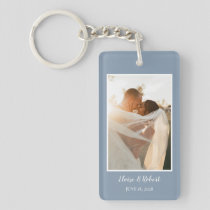 Cute Script Dusty Blue Wedding Anniversary Photo Keychain