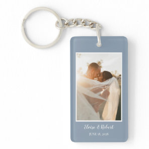 Cute Script Dusty Blue Wedding Anniversary Photo Keychain