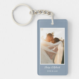 Cute Script Dusty Blue Wedding Anniversary Photo Keychain