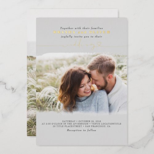 Cute Script Elegant Photo Overlay Grey Wedding Foil Invitation