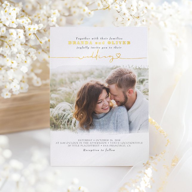 Cute Script Elegant Photo Overlay White Wedding Foil Invitation (Real Foil Wedding Photo Invitation)