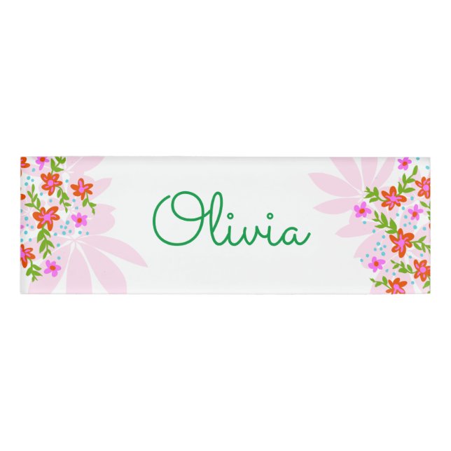 Cute Script Floral Employee Name Tag (Front)