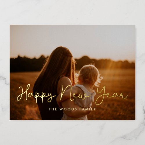 Cute script Happy New Year photo Foil Holiday Postcard