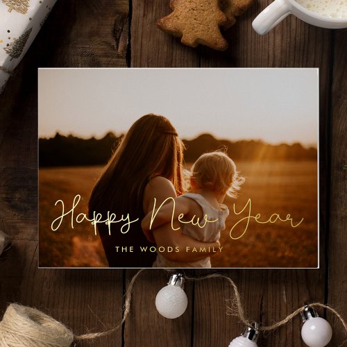 Cute script Happy New Year photo Foil Holiday Postcard