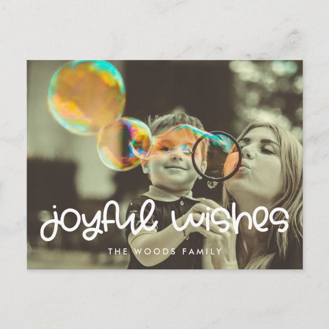 Cute script Joyful wishes Holiday photo Postcard (Front)