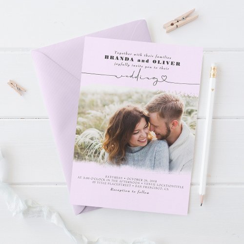 Cute Script Light Purple Photo Overlay Wedding Invitation