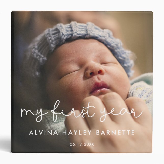 Cute script My First Year Baby album 3 Ring Binder (Front)