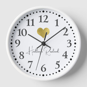 Cute Script Name Gold Heart Monogram Clock