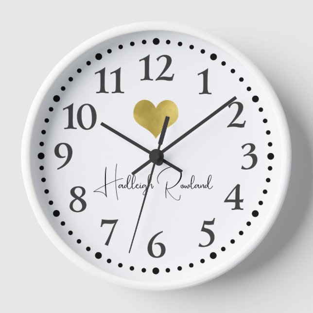 Cute Script Name Gold Heart Monogram Clock (Front)