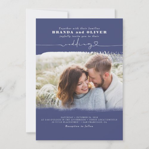 Cute Script Navy Blue Photo Overlay Wedding Invitation