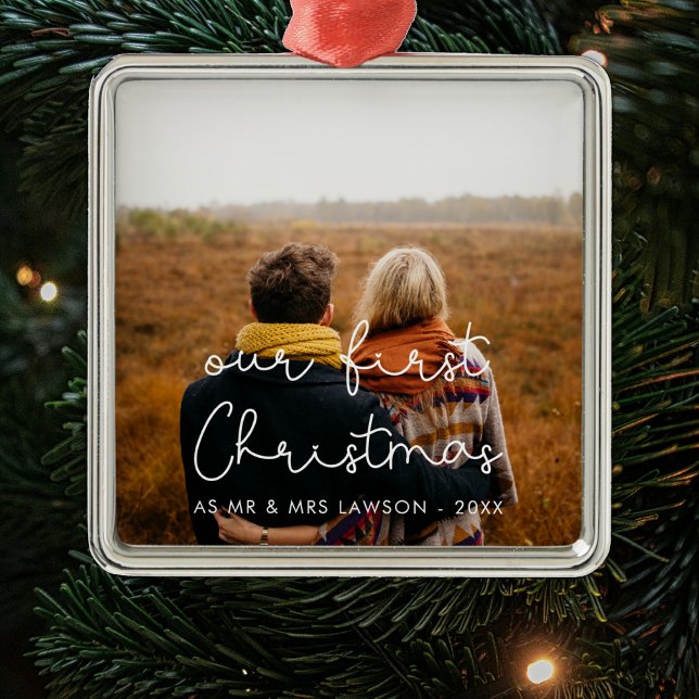 Cute script Our First Christmas couple photo Metal Ornament (Creator Uploaded)
