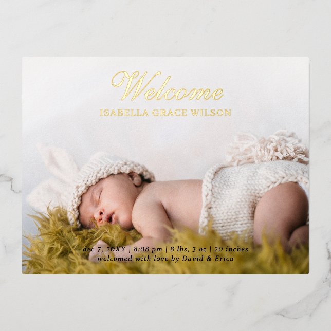 Cute Script Photo Baby Announcement Foil Card (Front)
