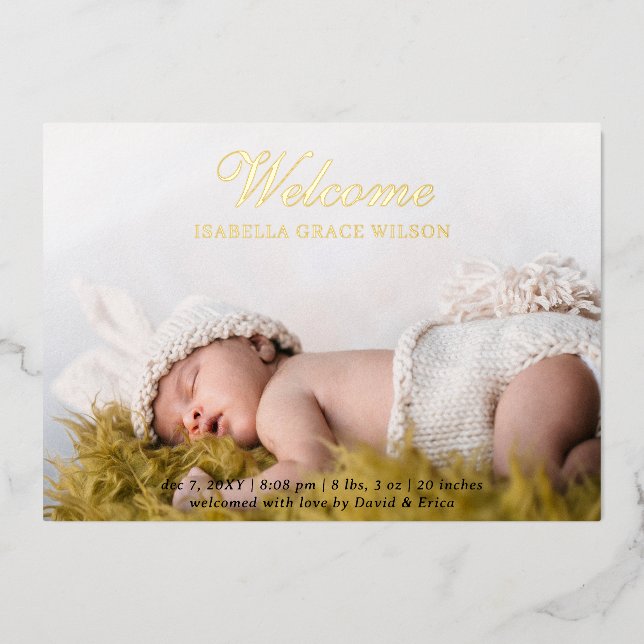 Cute Script Photo Baby Announcement Foil Card (Front)
