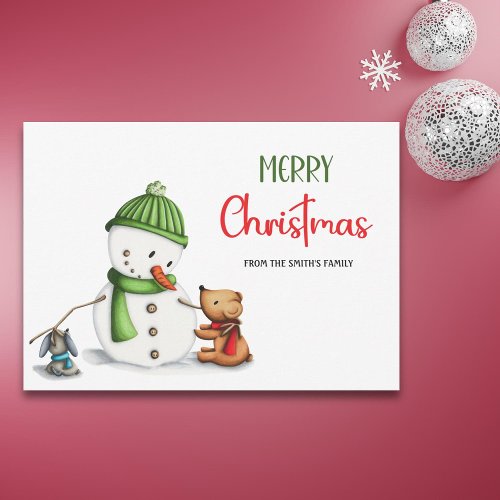 Cute Script Snowman Merry Christmas Holiday Card