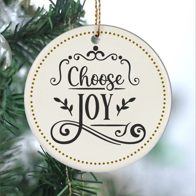 Cute Script Typography Choose Joy in Dark Blue Ceramic Ornament (whimsical ceramic christmas ornament with the words choose joy)