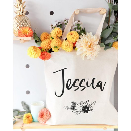 Cute Scripted Name & Flowers Canvas Tote Bag (Front)