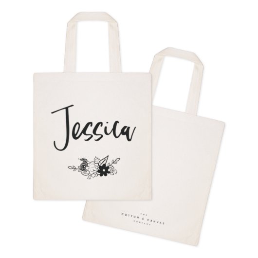 Cute Scripted Name & Flowers Canvas Tote Bag (Front and Back)