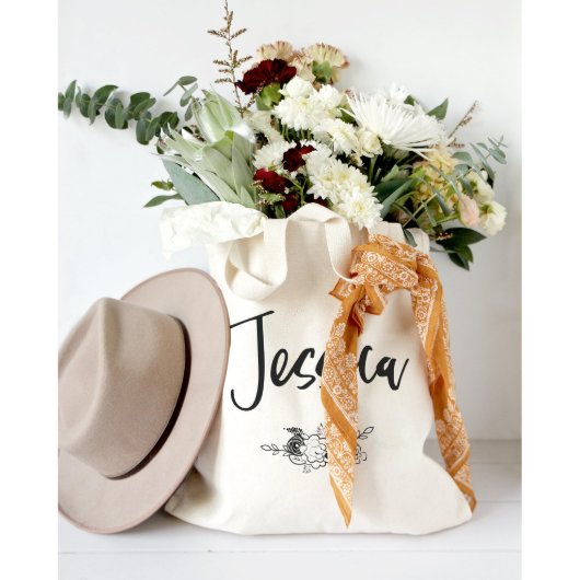Cute Scripted Name & Flowers Canvas Tote Bag (Front)