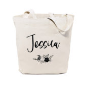 Cute Scripted Name & Flowers Canvas Tote Bag (Front)