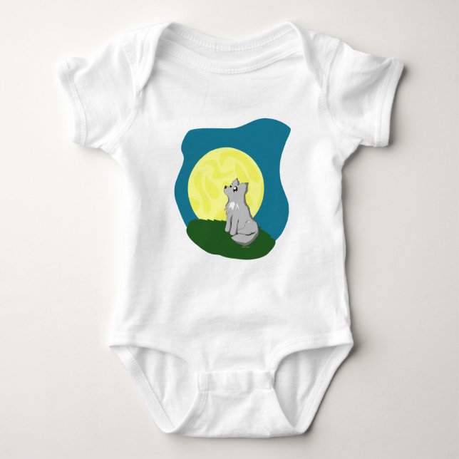 Cute Scruffy Wolf with Moon Baby Bodysuit (Front)