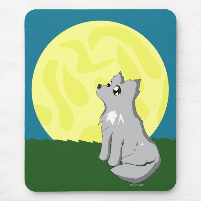 Cute Scruffy Wolf with Moon Mouse Pad (Front)