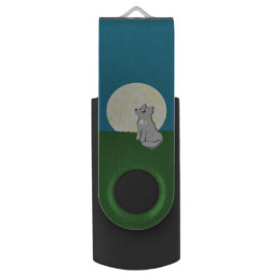 Cute Scruffy Wolf with Moon USB Flash Drive