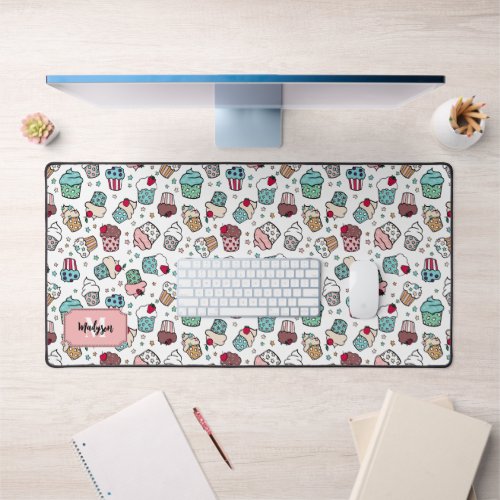 Cute Scrumptious Cupcake Pattern Monogram Desk Mat