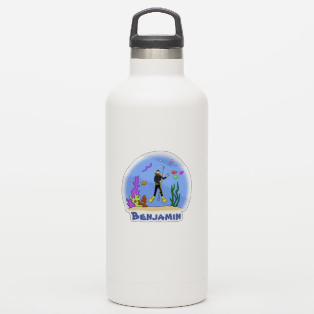 Cute scuba diver ocean life cartoon illustration sticker (Waterbottle)
