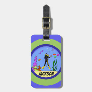 Cute scuba diver with fish cartoon luggage tag