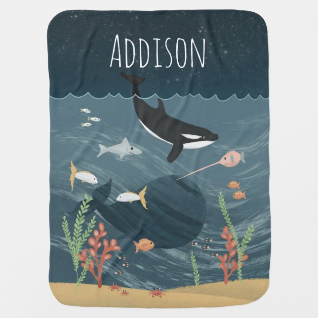 Cute Sea and Whimsical Night Ocean Orca Baby Blanket (Front)