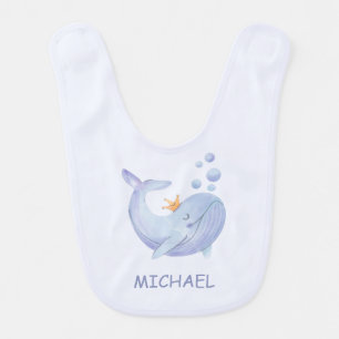 Cute Sea Animal Watercolor Blue Whale Boy Kid Name Baby Bib