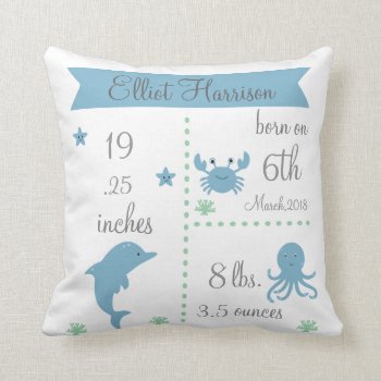 Cute Sea Animals Baby Boy Announcement Pillow by OS_Designs at Zazzle