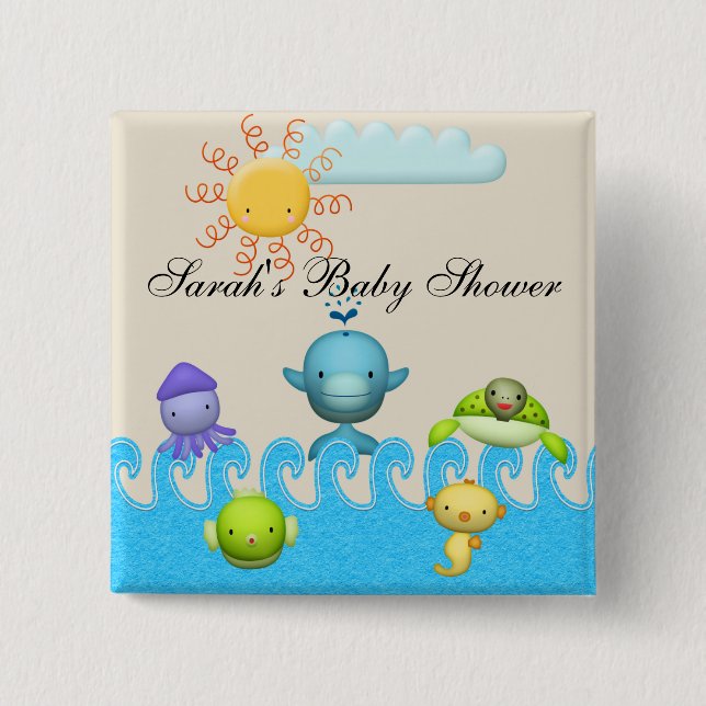 Cute Sea Animals Baby Shower Pinback Button (Front)