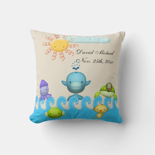Cute Sea Animals Baby Shower Throw Pillow (Front)