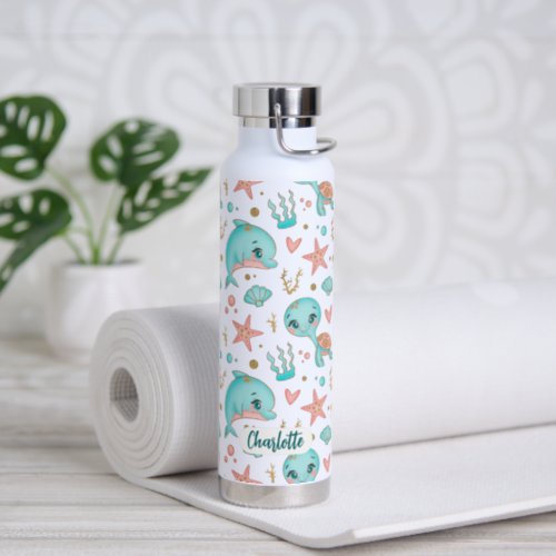 Cute Sea Animals Cool Pattern Custom Name Water Bottle