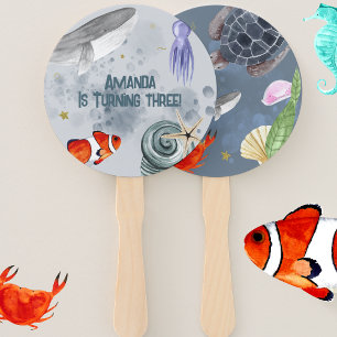 Cute Sea Animals Kids Birthday Party Blue Hand Fan