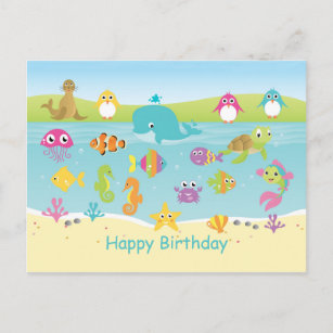 Cute sea animals Kids Birthday Postcard