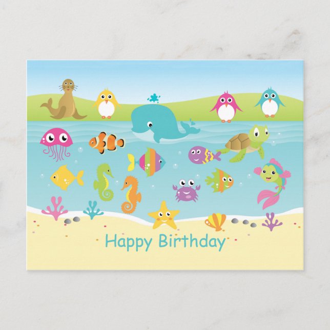 Cute sea animals Kids Birthday Postcard (Front)