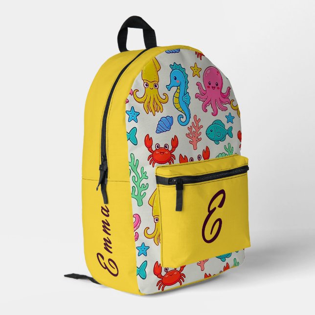 Cute Sea Animals Pattern Custom Monogram Name Kids Printed Backpack (Back Corner Left)